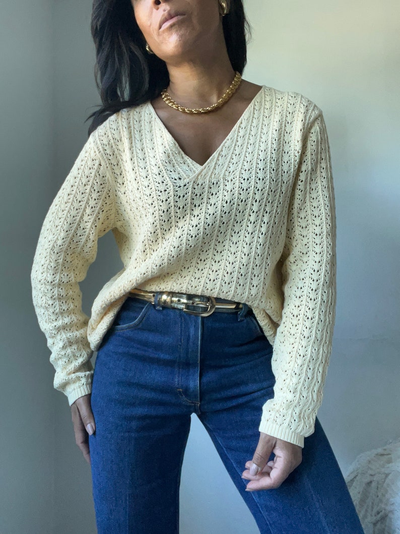 vintage pure cotton open knit butter yellow sweater image 1