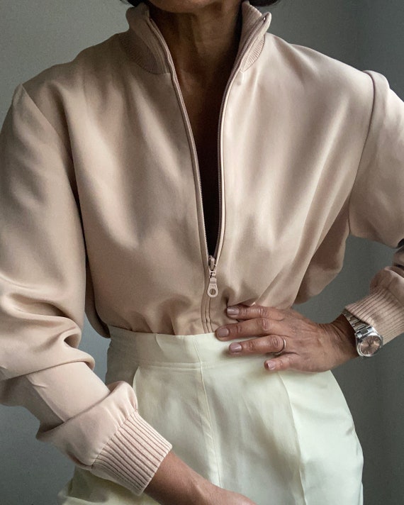 vintage pure silk nude minimal zip up jacket