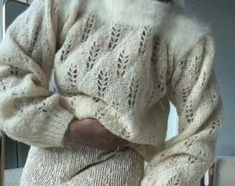 vintage angora trim textured open knit  puff sleeve sweater