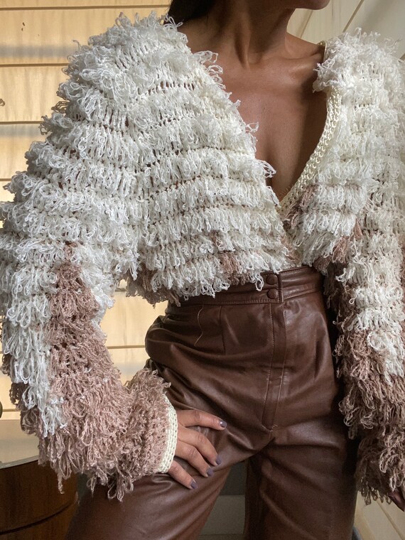 vintage textured puff sleeve textile sweater