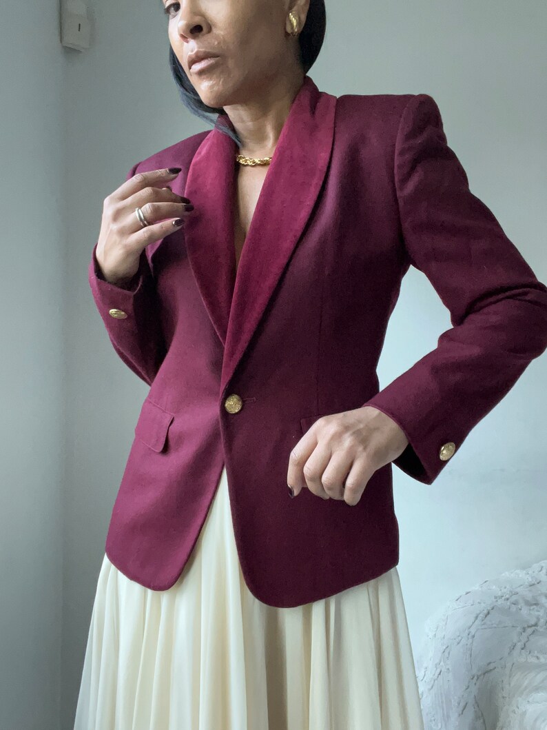 vintage wool burgundy velvet trim blazer image 6