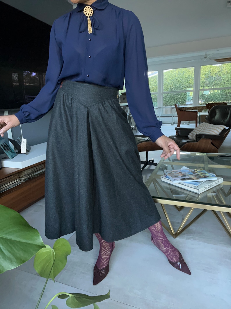 vintage full sweep yoke waist high waisted wool skirt image 1