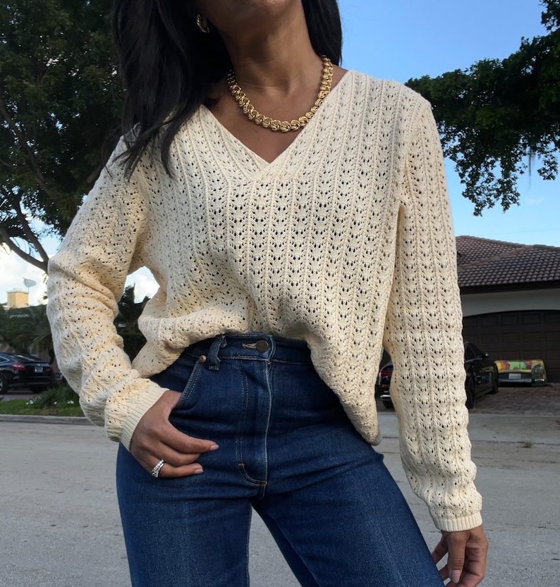 vintage pure cotton open knit butter yellow sweater image 2