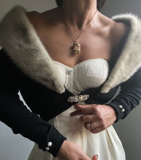 vintage 40s 50s cropped fur pearl trim bejeweled c