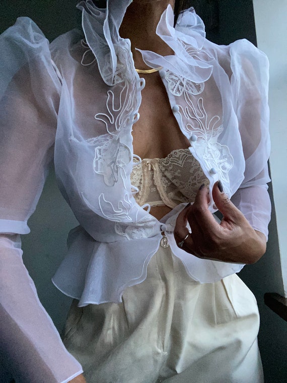 vintage organza evening puff sleeve romantic blous