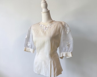Blusa elegante de estilo vintage de los 80, de algodón, con mangas abullonadas, bordada, corte princesa y estilo filipino.