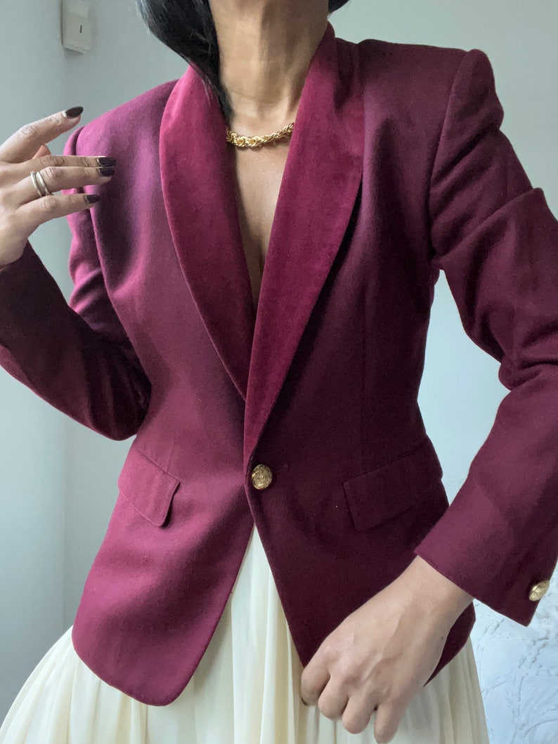 vintage wool burgundy velvet trim blazer image 8