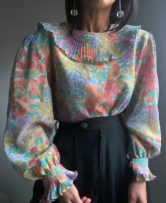 vintage princess puff sleeve novelty print blouse