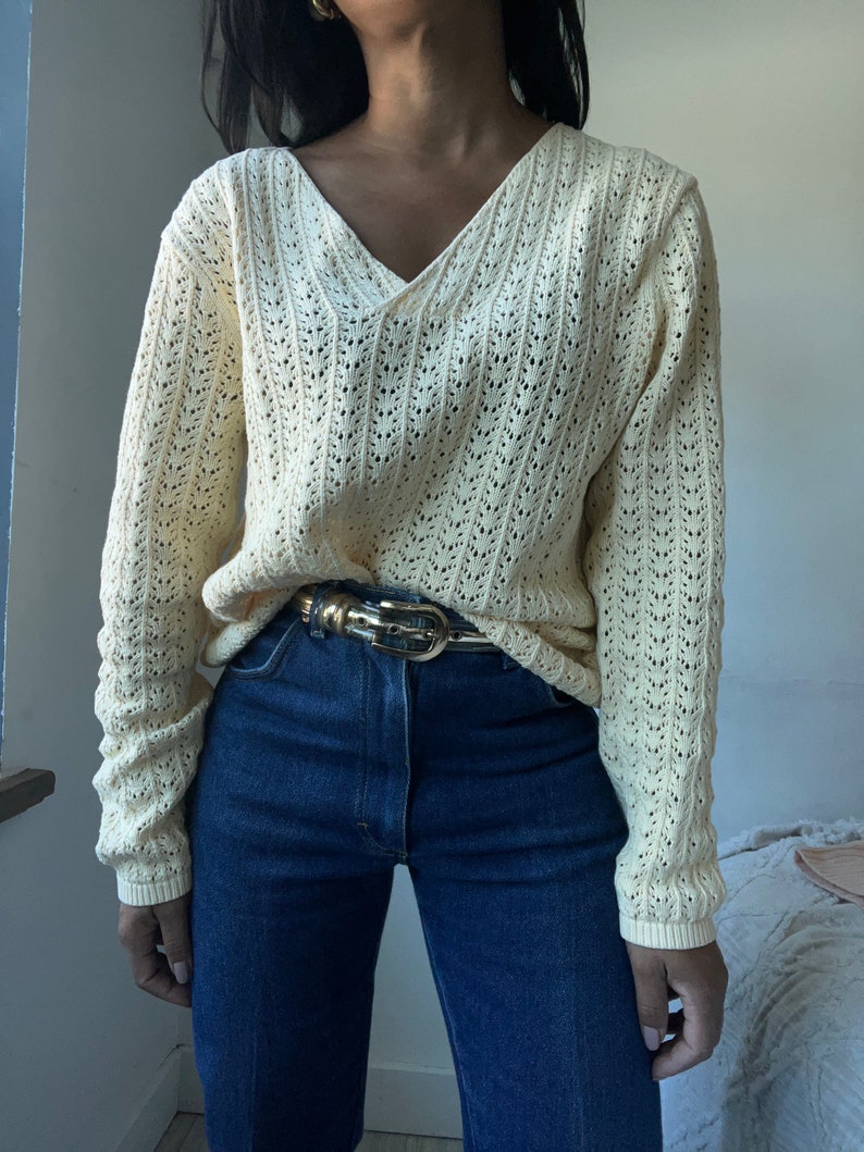 vintage pure cotton open knit butter yellow sweater image 3