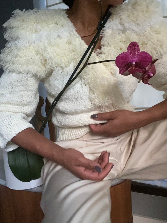 vintage textured puff sleeve textile sweater