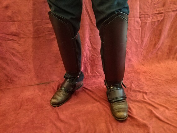 Fighters Leg Greaves in Handcrafted Leather /& Brass Stud Design Ideal for LARP