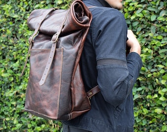 Bison Leather Roll Top Rucksack