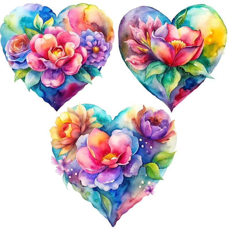 Colorful Watercolor Floral Heart Clipart Bundle - 27 Romantic Flower ...