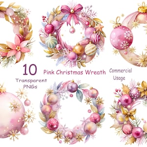 10 Pink Christmas Wreath Clipart | Watercolor Holiday Wreaths | Pastel Christmas Decorations for Scrapbooking, Cards, & Commercial Use