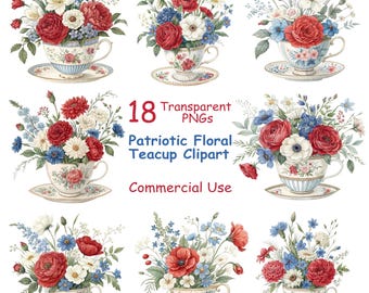 Patriotic Floral Teacup Clipart Red White Blue Vintage Flower Cup Graphics Digital Download