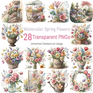 28 Aquarell Frühling Blumen Clipart | Blumensträuße, Kränze, Vasen, Blumen Warenkorb PNG | Kommerzielle Nutzung | Blumenkunst für Papercraft & Journaling