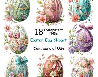 Easter Egg Clipart Bundle Watercolor Floral Bow Eggs Spring Decor Graphics Digital Download
