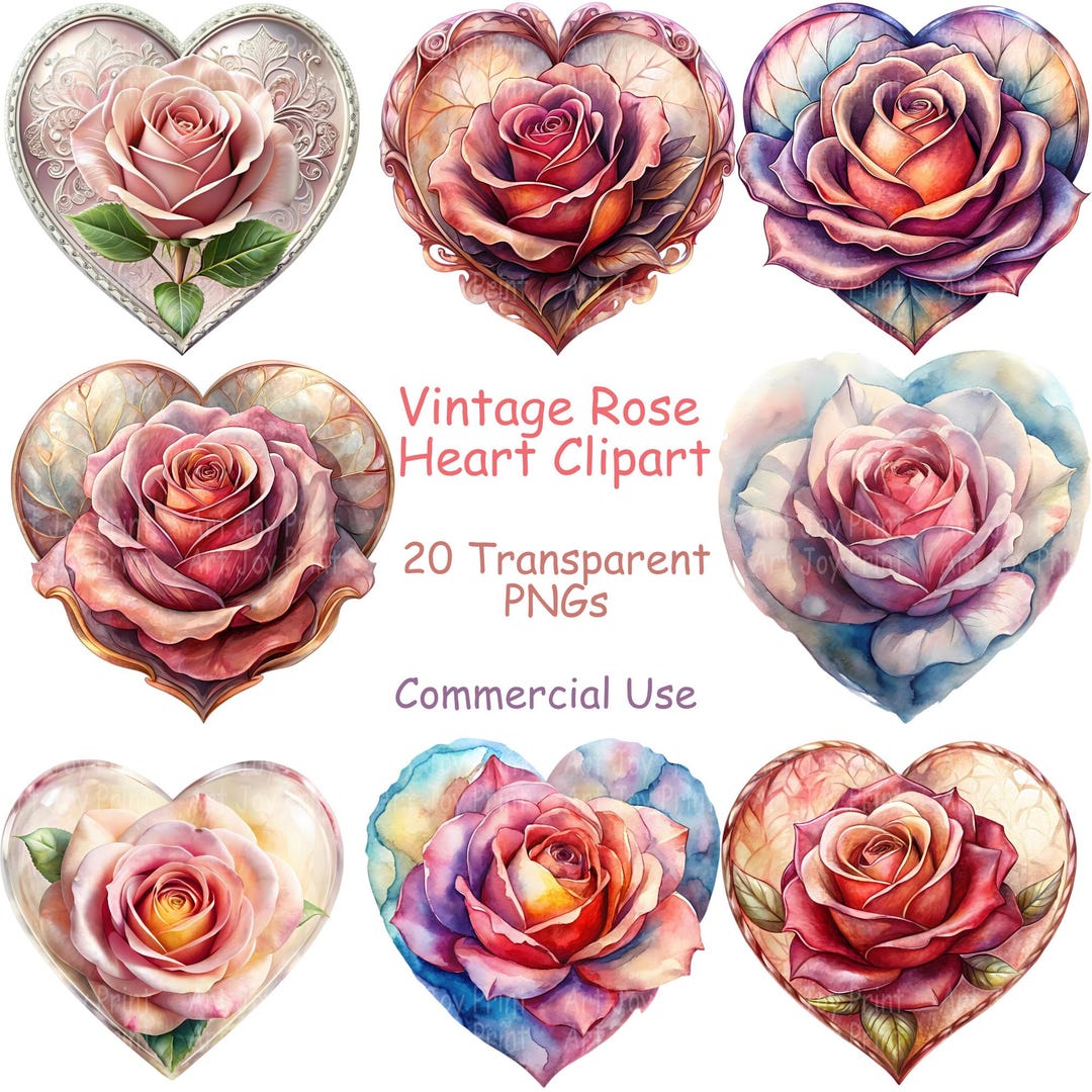 Vintage Watercolor Rose Heart Clipart Bundle, Romantic Floral Heart ...