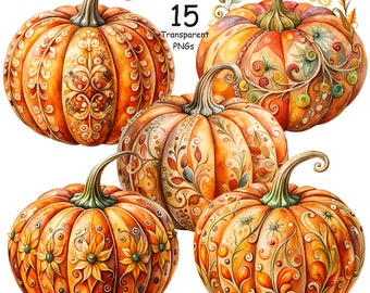 Watercolor Autumn Pumpkin Clipart: Ornamental PNG Images (Digital Download, Commercial Use)