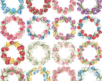 Tulip Flower Wreath Clipart Bundle Watercolor Spring Floral Circle Frame Graphics Digital Download