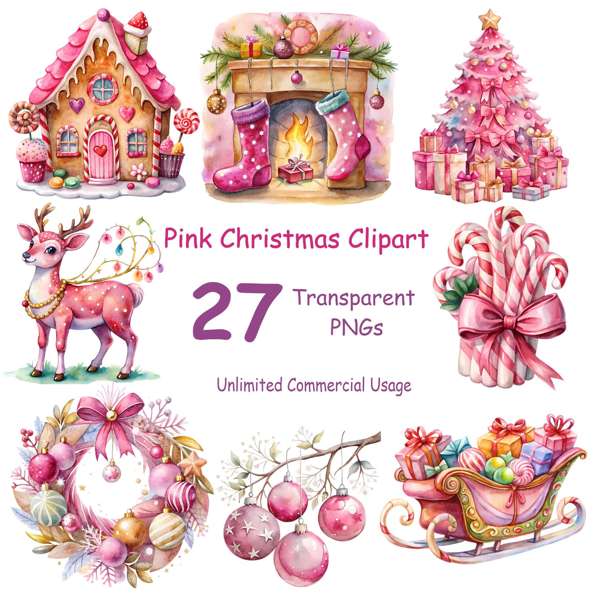 Watercolor Pink Christmas Clipart Bundle: Boho Holiday Pngs (digital ...