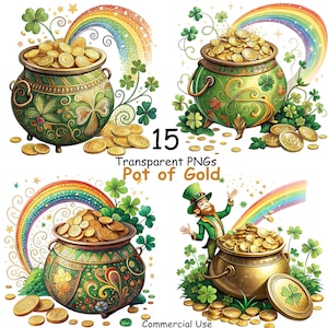 Puede incluir: Un conjunto de imágenes digitales con temática del Día de San Patricio, que muestran ollas de oro, arcoíris y tréboles. Las imágenes incluyen el texto "15 PNG transparentes Pot of Gold" y "Uso comercial".