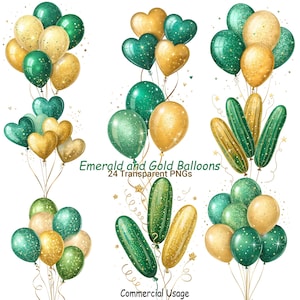 24, Emerald and Gold Balloons Clipart Bundle – St. Patrick&#39;s Day Balloon PNG Graphics, Festive Digital Clipart for Crafts & Decorations