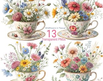 Wildflower Teacup Clipart - Floral PNG Bundle for Scrapbooking - Commercial Use (Digital Download)