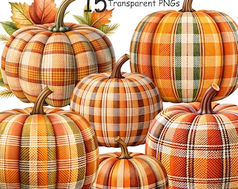 Puede incluir: Una colección de cinco ilustraciones digitales de calabazas con varios patrones de cuadros naranjas, amarillos y verdes con tallos marrones. El texto Plaid Fall Pumpkin 15 Transparent PNGs aparece arriba, junto a hojas de otoño.