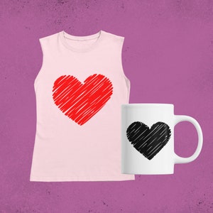 May include: A pink sleeveless top with a red heart design and a white mug with a black heart design.