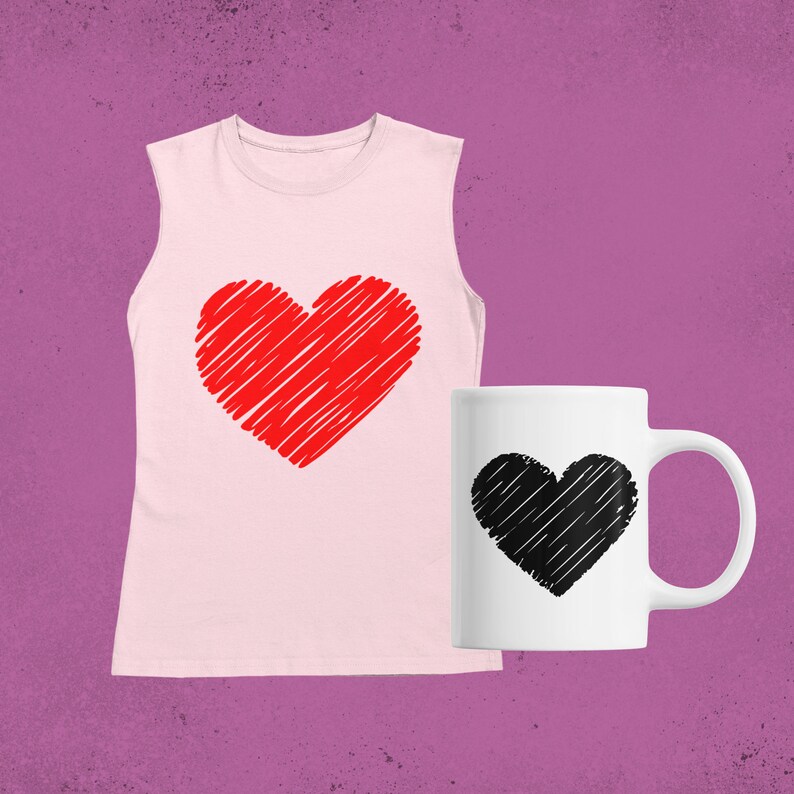 May include: A pink sleeveless top with a red heart design and a white mug with a black heart design.