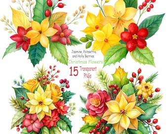15 Watercolor Jasmine, Poinsettia and Holly Berries Bouquet Clipart Bundle — Commercial Use PNGs
