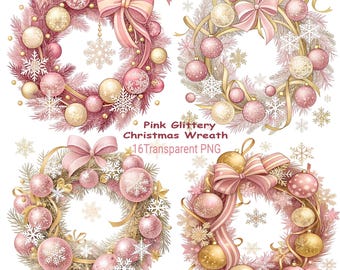 16 Pink Glittery Sparkling Christmas Wreath Clipart Bundle — Digital Download Commercial Use