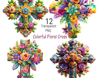 Floral Easter Cross Clipart: Colorful Christian PNGs (Digital Download)