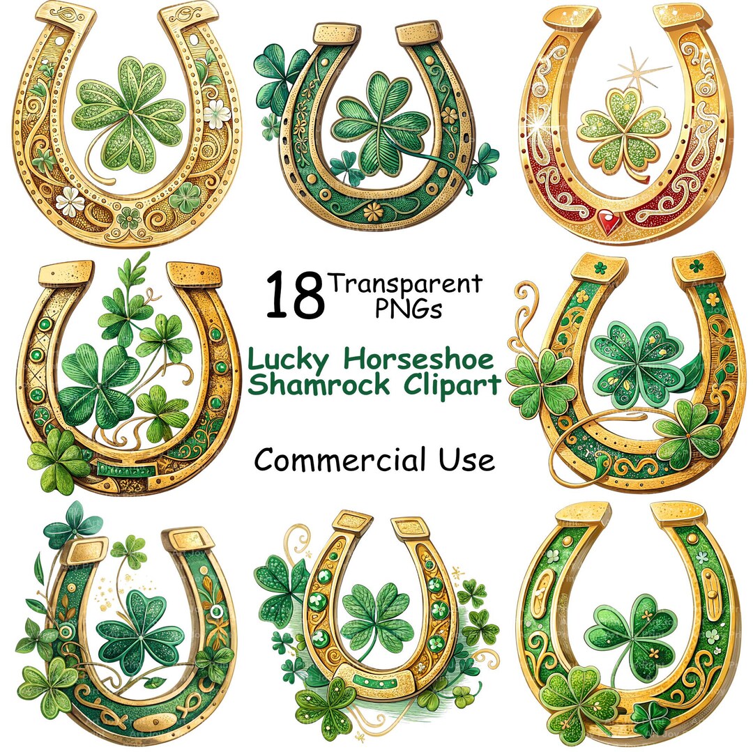 Lucky Horseshoe Shamrock Clipart Bundle St Patricks Day Irish Gold ...