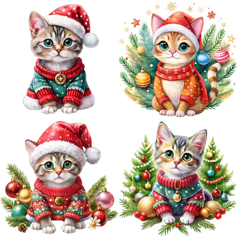 Watercolor Christmas Cat Clipart Bundle – 14 Pngs, Commercial Use ...