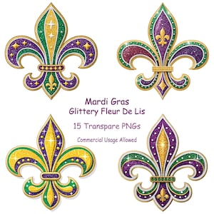 15 imágenes prediseñadas de la flor de lis del carnaval: imágenes prediseñadas de la flor de lis brillante, gráficos PNG digitales festivos para manualidades y decoraciones, uso comercial