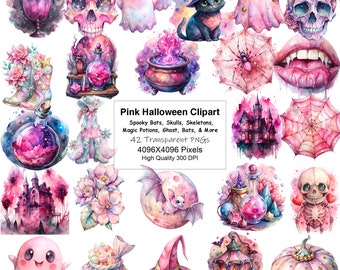 Pink Halloween Clipart Bundle: Spooky Bats, Skulls, Ghosts (Digital Download)
