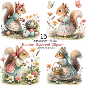 Può includere: Illustrazioni ad acquerello di clip art di scoiattoli pasquali. Le immagini presentano scoiattoli in abiti e grembiuli, che tengono uova e cestini di Pasqua, circondati da fiori e farfalle. Il testo recita "15 PNG trasparenti" e "Easter Squirrel Clipart Commercial Use."