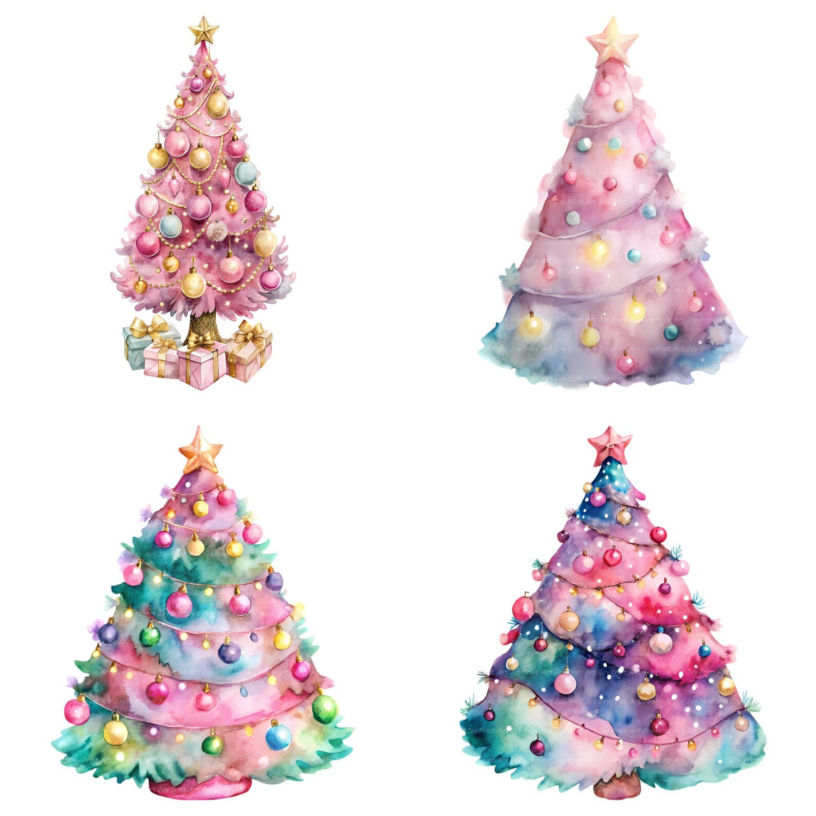 Pink Christmas Tree Clipart Bundle | Watercolor Holiday Pngs (digital ...