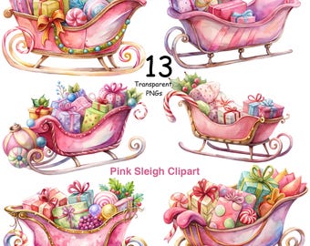Pink Watercolor Sleigh Clipart Bundle: Christmas Designs (Digital Download)