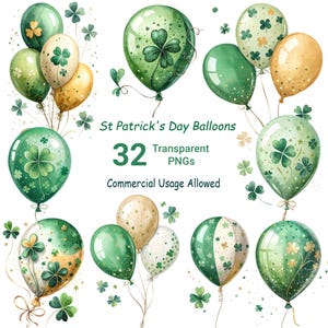 May include: A set of 32 watercolor-style St. Patrick's Day balloons with shamrock designs in shades of green, gold, and white. The balloons are transparent PNGs and are for commercial use.