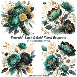 24 Emerald, Black & Gold Floral Bouquets Clipart Bundle – Digital Instant Download Green and Gold Flower Embellishments, Commercial Use