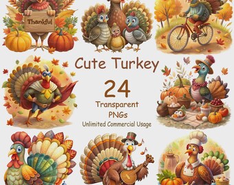 Puede incluir: Un conjunto de 24 imágenes PNG transparentes con dibujos animados de pavos en varias poses. Algunos pavos sostienen letreros, montan en bicicleta o tocan instrumentos. El texto incluye "Cute Turkey" y "Unlimited Commercial Usage".