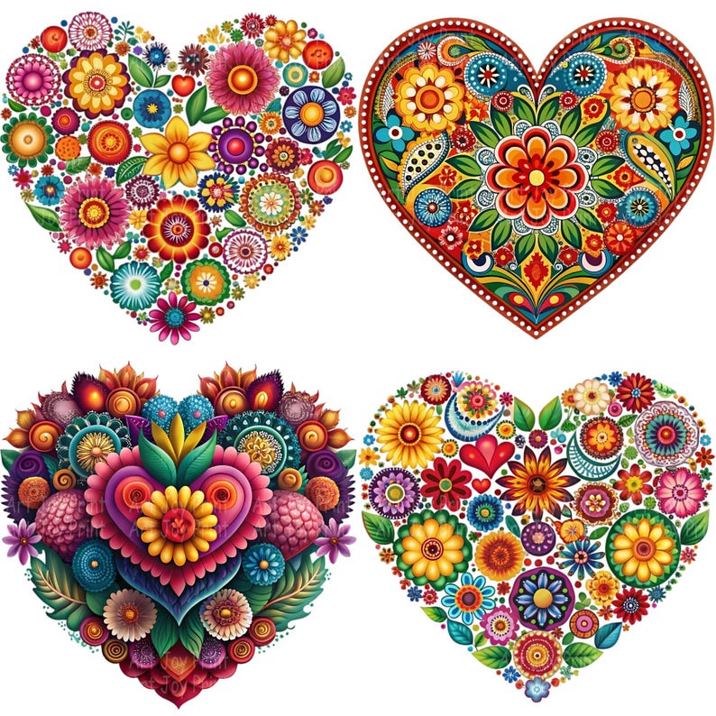 Colorful Folk Art Floral Heart Clipart Bundle, Bright Boho Flower Heart ...