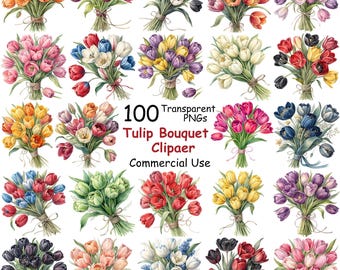 May include: A collection of watercolor tulip bouquets in various colors, including orange, red, pink, purple, yellow, white, and black. Each bouquet is tied with twine. Text reads "100 Transparent PNGs Tulip Bouquet Clipaer Commercial Use."