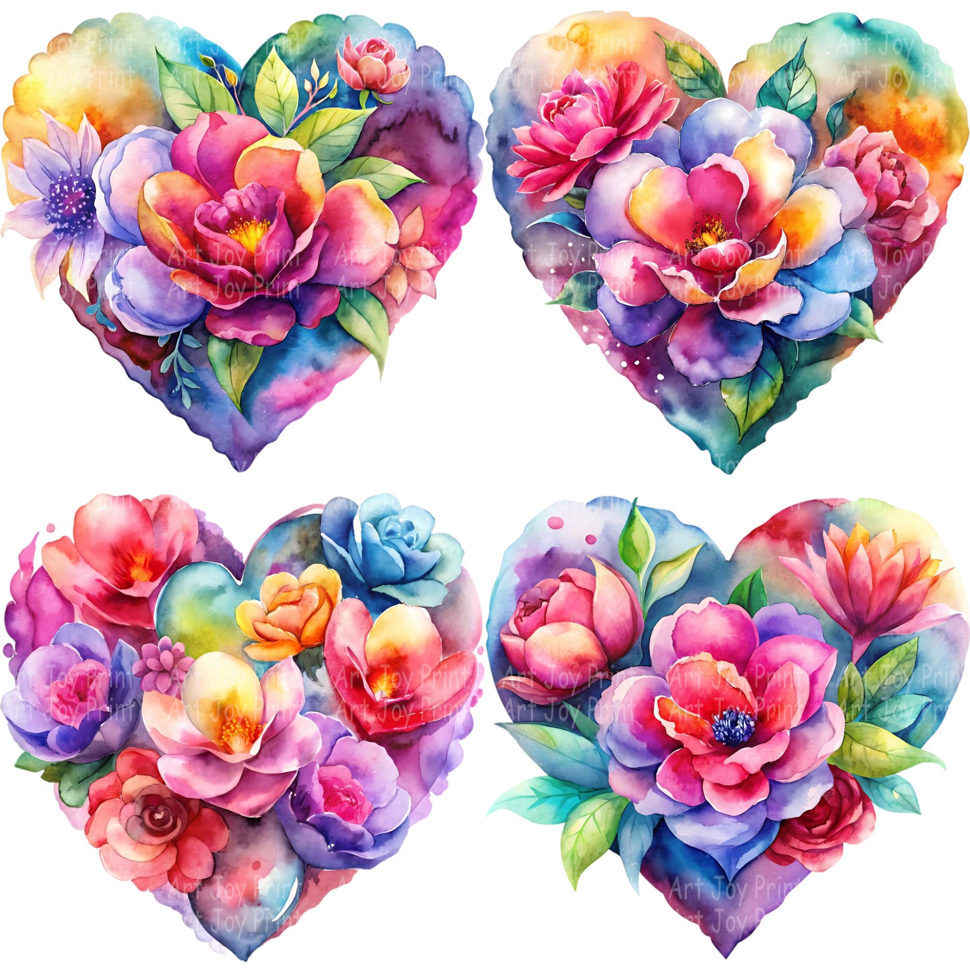 Colorful Watercolor Floral Heart Clipart Bundle - 27 Romantic Flower ...