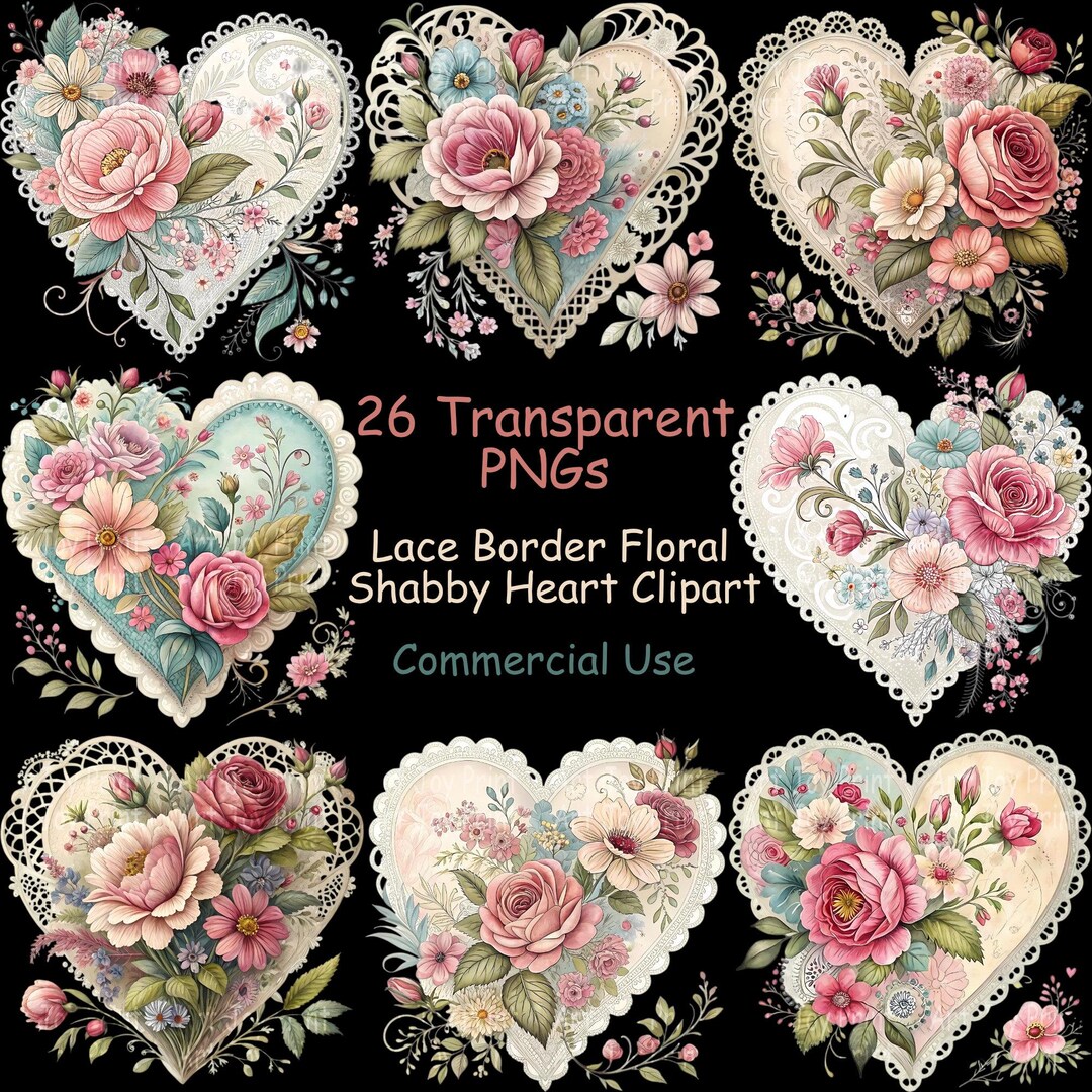 Buy Lace Border Floral Shabby Heart Clipart Bundle - Vintage Romantic ...
