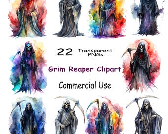 Watercolor Grim Reaper Clipart: Spooky Halloween PNG (Commercial Use)