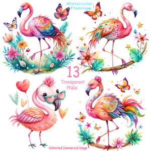 Watercolor Flamingo Clipart | 13 PNG Bird & Illustrations for Journaling, Papercraft, Scrapbooking | Commercial Use | Digital Download